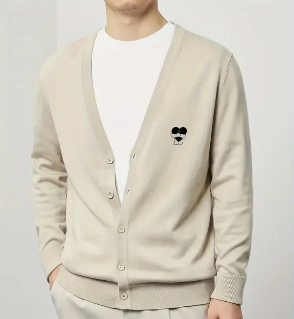 Men's New Fashion Solid Color Embroidered V-Neck Cardigan Coat 100% Cotton Sweater With Button Decoration Winter