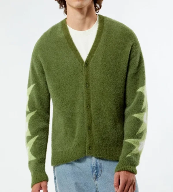 Men's Casual Knit Furry V-Neck Long Sleeve Cardigan Striped Pattern Decoration for Winter