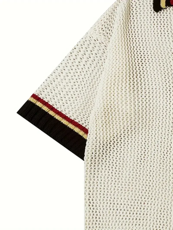 Embroidery Men's Loose Color Blocking Hollow Knitted Polo Shirt Summer Casual Short-Sleeved Sweater - Image 4