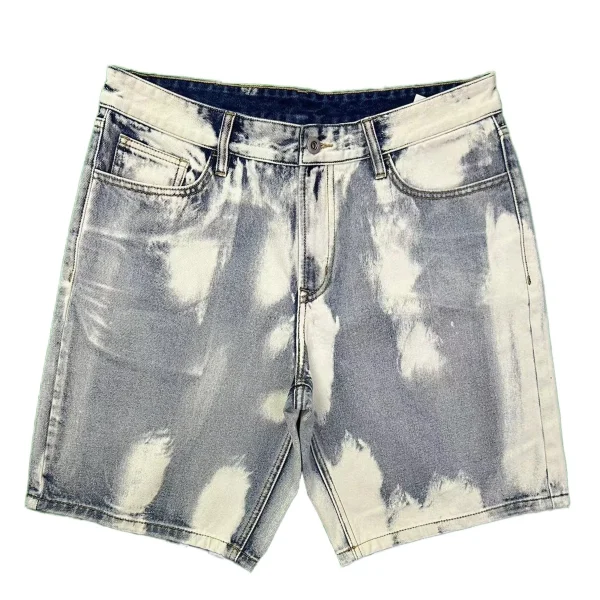 Men's Trendy Denim Shorts Summer High Street Wide Leg Tie-Dyed Woven Jeans Zipper-fly
