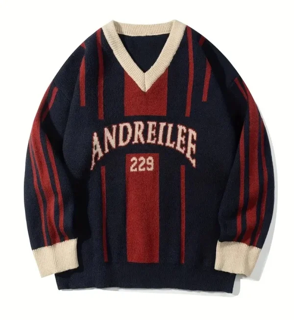 Fall and Winter Models College Style Long-Sleeved V-Neck Knitted Pullover Jacquard Letters Casual Loose Sweater for Men