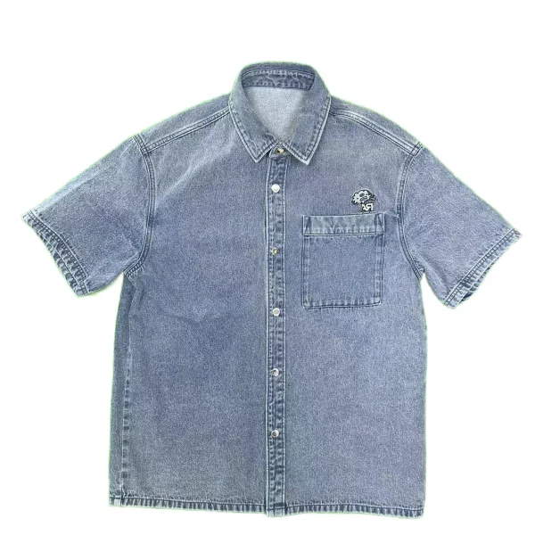 Men's Summer Casual Short Sleeve Denim Shirt with Embroidery