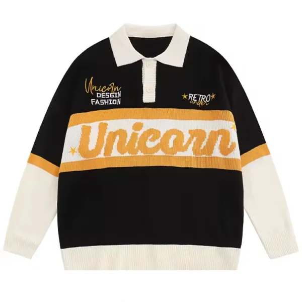 Fashion Casual Long Sleeve Polo Collar Letter Pattern Jacquard Knit Men's Pullover Sweater - Image 2