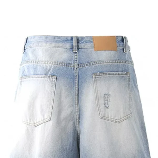 Unisex Trendy Mid Waist Knitted Wide Leg Denim Shorts Vintage Casual Style with Distressed Print Men's Summer Button Hole - Image 4