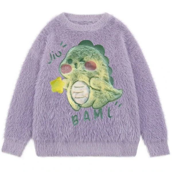 Embroidered Design Pattern Faux Fur Knit Sweater Round Neck Long Sleeve Warm Casual Knit Sweater