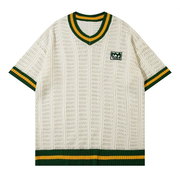 Embroidered Casual Breathable College Style V-Neck Knit 100% Cotton Short Sleeve Knit T-Shirt