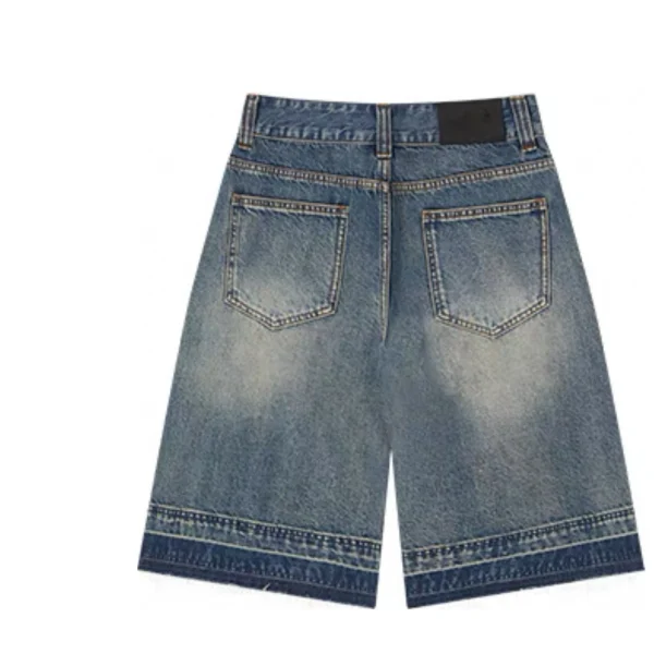 Men's Mid Blue Washed Denim Shorts Breathable Baggy Raw Undone Hem Jorts Lace Button Decoration High Street for Summer - Image 2