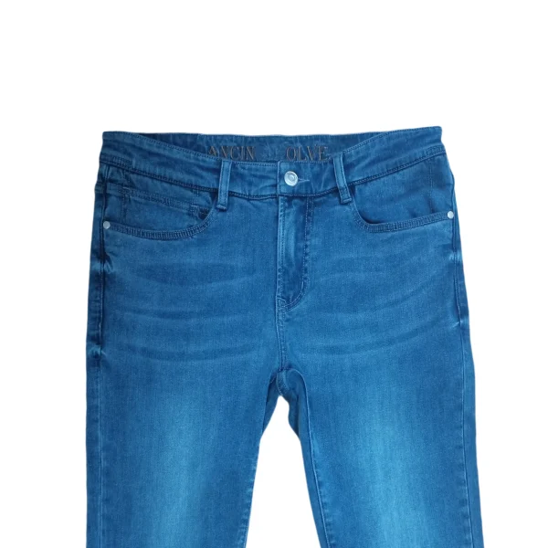 100% Cotton Striped Dark Mid Denim Fabric Casual Button Decorated Jeans Pencil Pants for Spring Autumn Breathable Washable - Image 3