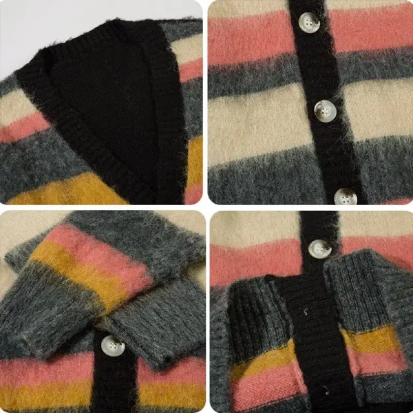 Unisex Casual Long Sleeve Fluffy Mohair Knitted Cardigan Embroidered V-Neck Collar Striped Winter Appropriate - Image 5