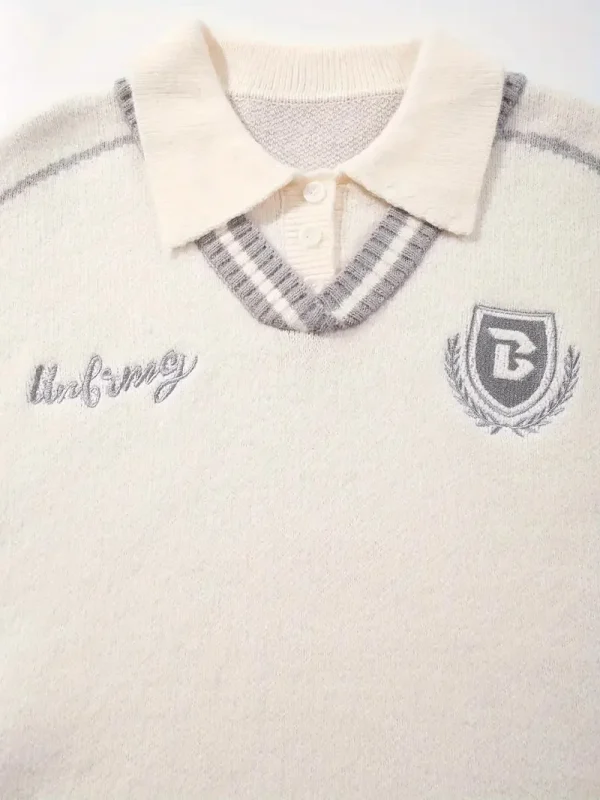 Embroidered Casual College Style POLO Knit Sweater Long Sleeve Wool Blend Unisex Sweater - Image 5