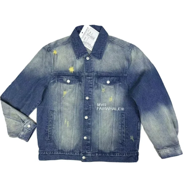 Men's Turn-Down Denim Jacket Spring Autumn Vintage Washed Embroidered 100% Cotton Character Horn Button Puffer