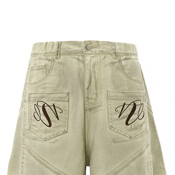 Summer Denim Muddy Shorts for Men and Women Old Stitched Wide Leg with Embroidered Pockets and Breathable Mid Washed Finish - Image 4