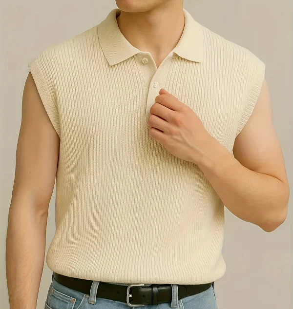 Summer Sleeveless Casual Knitted Jacquard Vest 100% Cotton Solid Color Design POLO Collar Men's Knitted Vests - Image 5