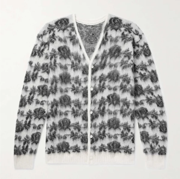 Fluffy Knit V-Neck Cardigan for Men Rose Jacquard Brushed Mohair Blend Striped Pattern Winter - Image 4
