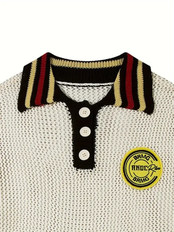 Embroidery Men's Loose Color Blocking Hollow Knitted Polo Shirt Summer Casual Short-Sleeved Sweater - Image 3