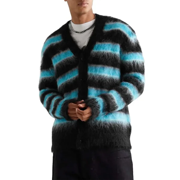 Men's V-Neck Cardigan Sweater for Autumn and Winter Striped Mohair Knit Long Sleeve With Pattern Decoration