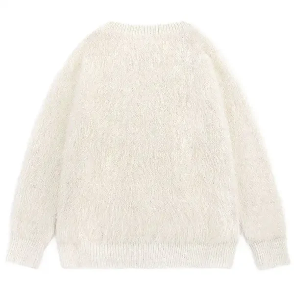 Embroidered Design Pattern Faux Fur Knit Sweater Round Neck Long Sleeve Warm Casual Knit Sweater - Image 4