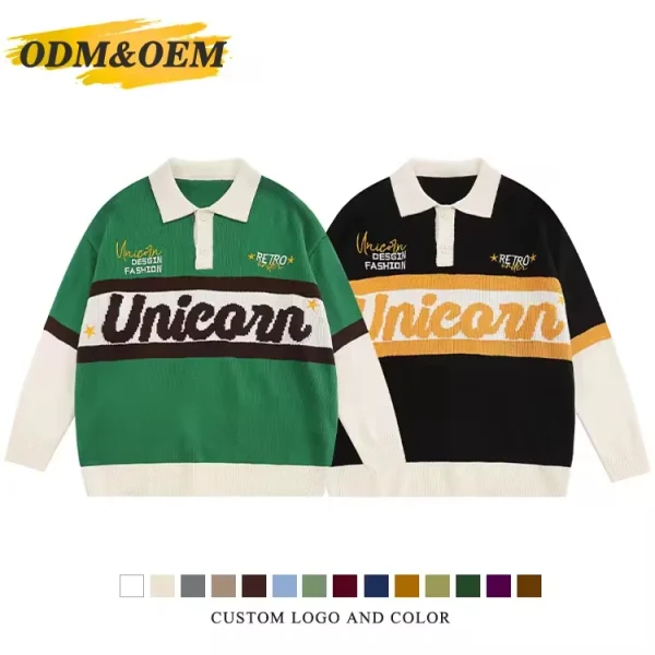 Fashion Casual Long Sleeve Polo Collar Letter Pattern Jacquard Knit Men's Pullover Sweater - Image 5