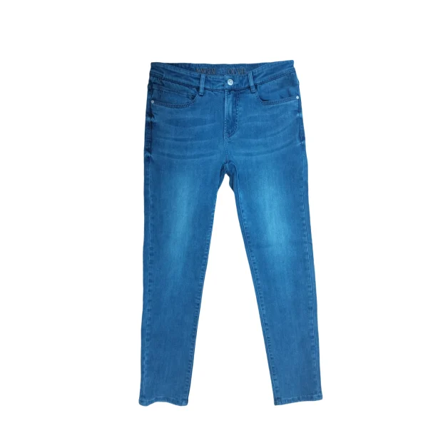 100% Cotton Striped Dark Mid Denim Fabric Casual Button Decorated Jeans Pencil Pants for Spring Autumn Breathable Washable