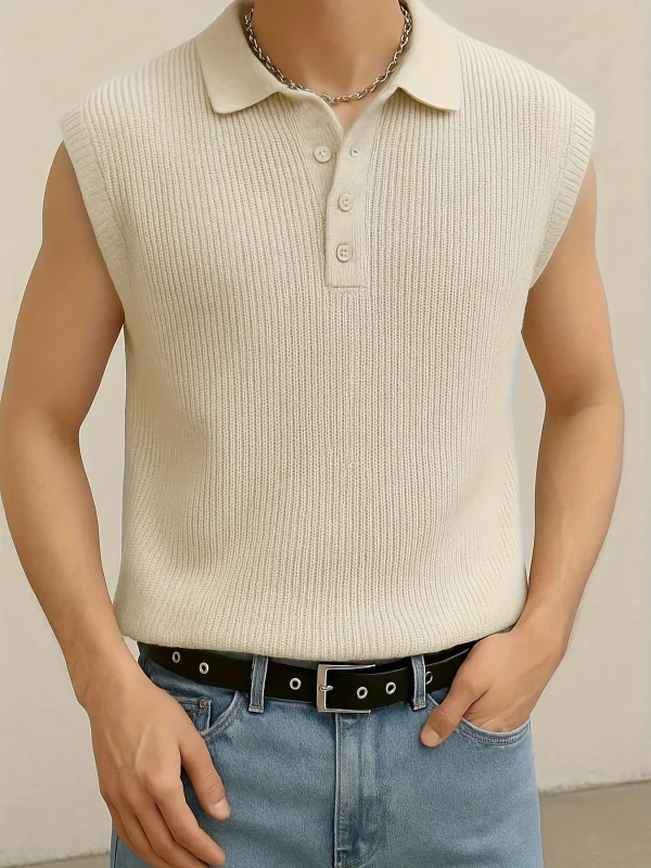 Summer Sleeveless Casual Knitted Jacquard Vest 100% Cotton Solid Color Design POLO Collar Men's Knitted Vests - Image 2