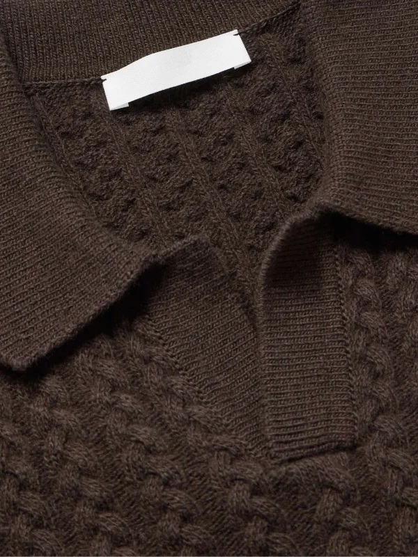 Business Casual Brown Cable Knit Wool Polo Shirt Short Sleeve Knit Top for Men - Image 4