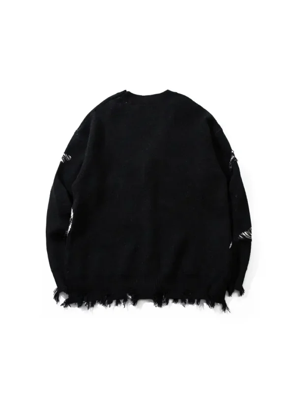 Street Style V-Neck Sweater Torn Loose Knit Cardigan Cotton Jacquard Men's Knit Cardigan - Image 2