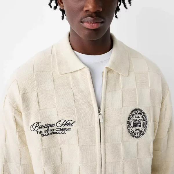 Men's Long Sleeve Zip-up Cardigan Embroidered 100% Cotton Polo Knit for Winter Textured with Letter Pattern - Image 2