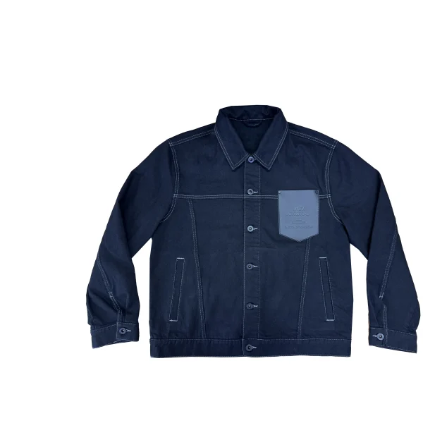 Men's Spring Autumn Denim Jacket with Navy Leather Pocket and Button Decoration Casual Style