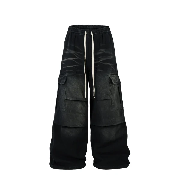 Autumn Spring Men's Drawstring Jeans Black Moustache Effect Enzyme Washed Baggy Hip Hop Wide Leg Denim Pants Mid