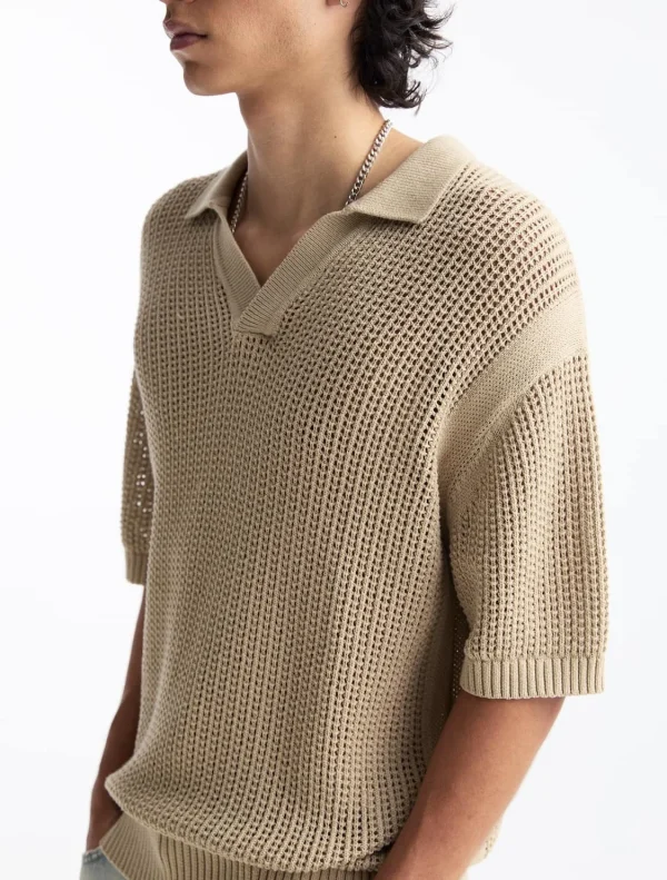 Fashion Casual V-Neck Knit T-Shirt Short Sleeve Open-Knit Polo Shirt Men's Knit Tops - Image 3