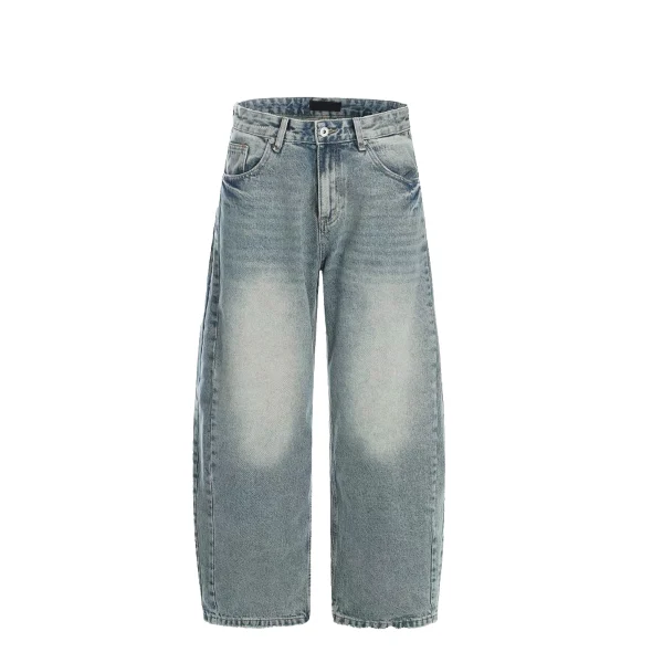 Autumn Style American High Street Punk Medium Washed Denim Straight Dragging Pants with Embroidery Loose Wide-Leg Streetwear