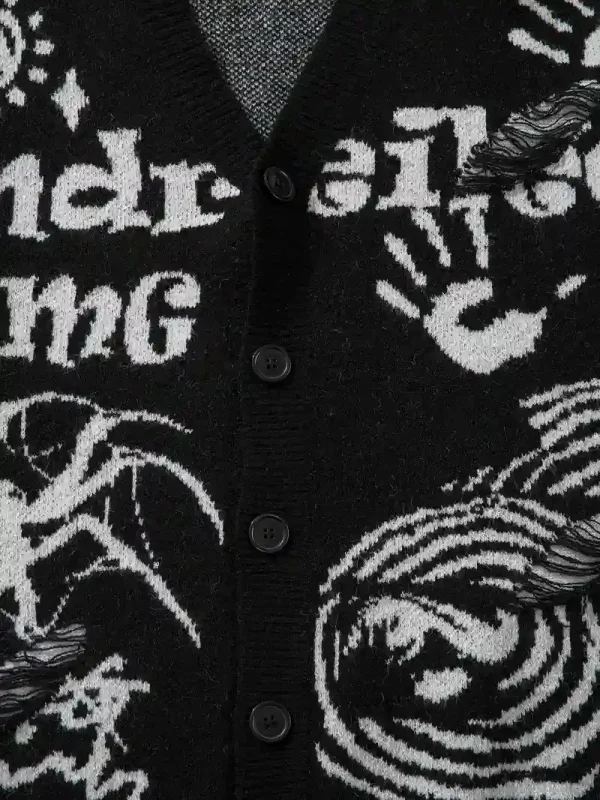 Street Style V-Neck Sweater Torn Loose Knit Cardigan Cotton Jacquard Men's Knit Cardigan - Image 4