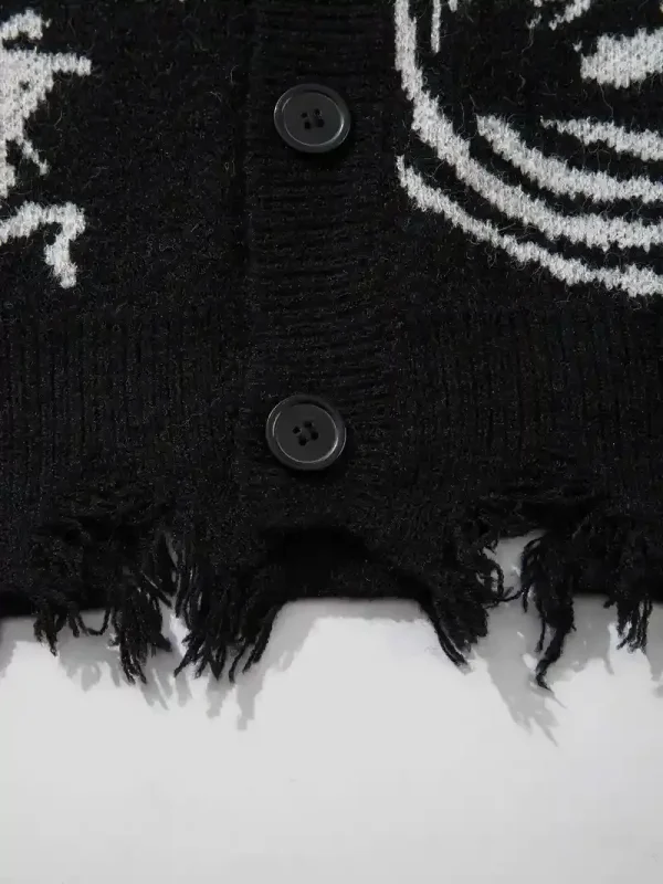 Street Style V-Neck Sweater Torn Loose Knit Cardigan Cotton Jacquard Men's Knit Cardigan - Image 6