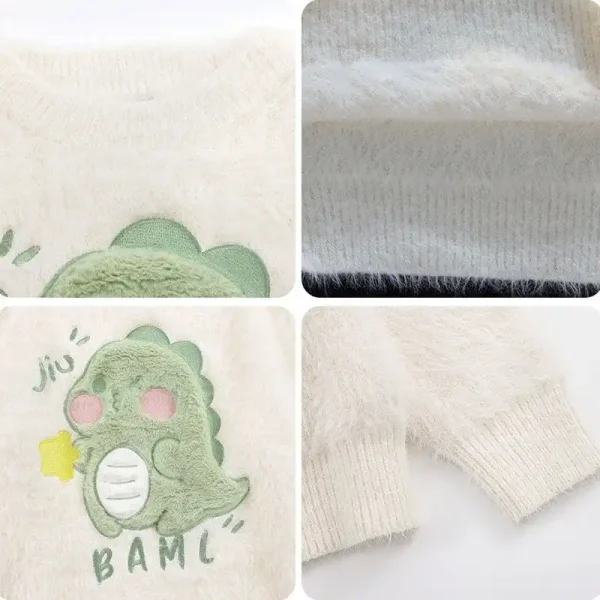 Embroidered Design Pattern Faux Fur Knit Sweater Round Neck Long Sleeve Warm Casual Knit Sweater - Image 5