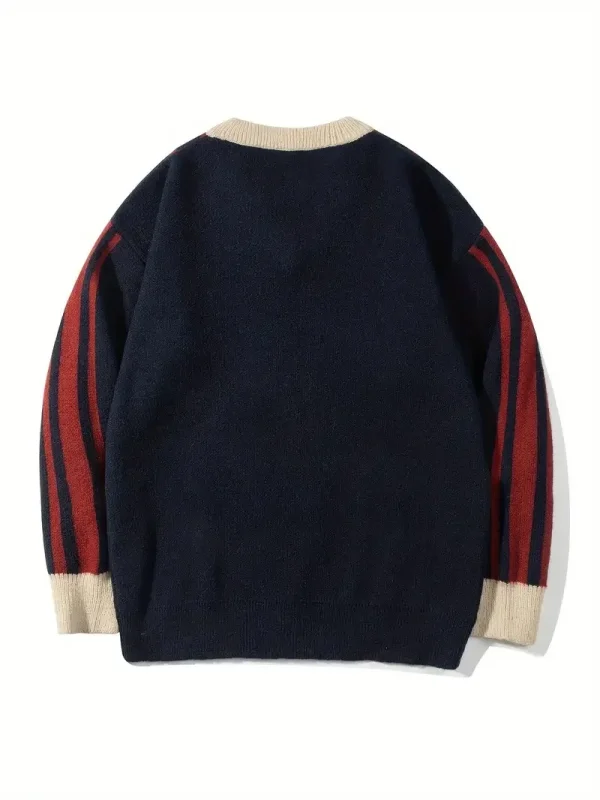 Fall and Winter Models College Style Long-Sleeved V-Neck Knitted Pullover Jacquard Letters Casual Loose Sweater for Men - Image 2