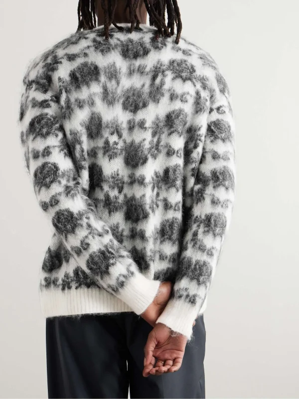 Fluffy Knit V-Neck Cardigan for Men Rose Jacquard Brushed Mohair Blend Striped Pattern Winter - Image 2