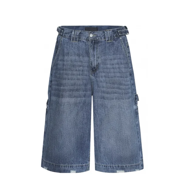 High Quality 100% Cotton Men's Denim Shorts Pockets Acid Washed Hip Hop Style Loose Baggy Cropped Pants