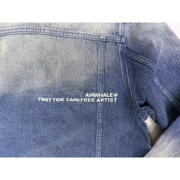 Men's Turn-Down Denim Jacket Spring Autumn Vintage Washed Embroidered 100% Cotton Character Horn Button Puffer - Image 4