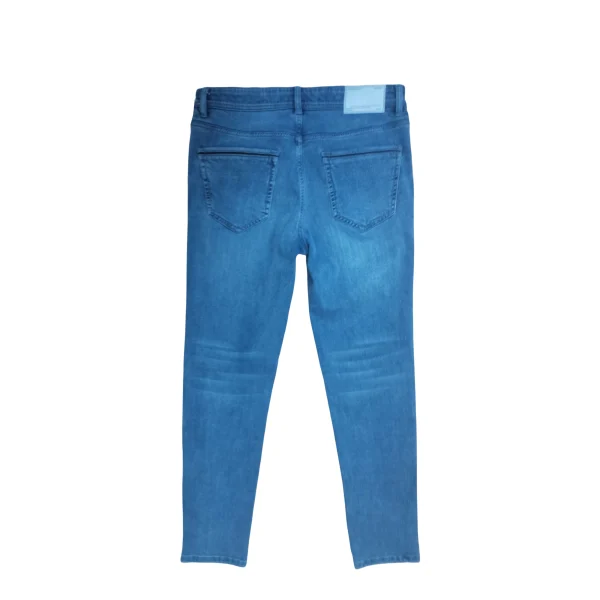 100% Cotton Striped Dark Mid Denim Fabric Casual Button Decorated Jeans Pencil Pants for Spring Autumn Breathable Washable - Image 2