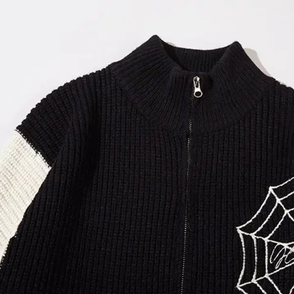 Casual Men's Wool Blend Sweater Long Sleeve Zipper Knit Cardigan Turtleneck Spider Web Embroidery Striped Pattern Design - Image 3