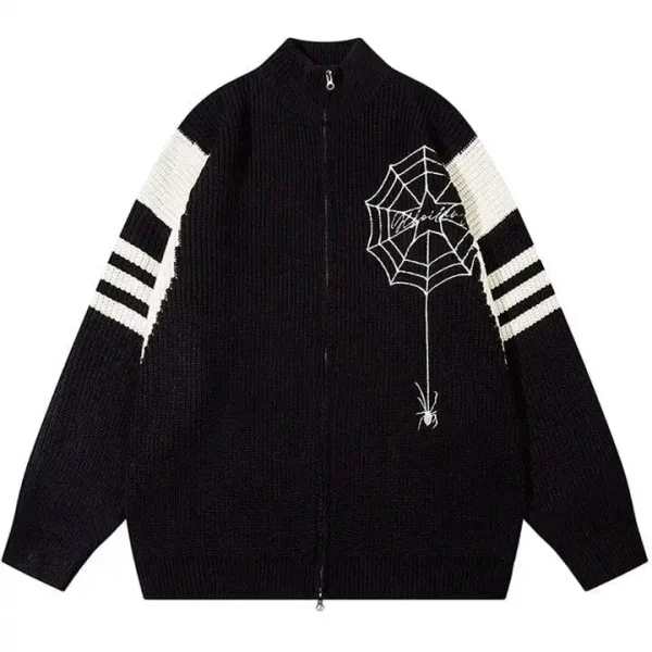 Casual Men's Wool Blend Sweater Long Sleeve Zipper Knit Cardigan Turtleneck Spider Web Embroidery Striped Pattern Design