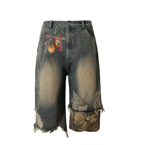 Men's Baggy Denim Shorts Distress Washed Splicing Printing Camo Vintage Style with Crystal Decoration - Image 2