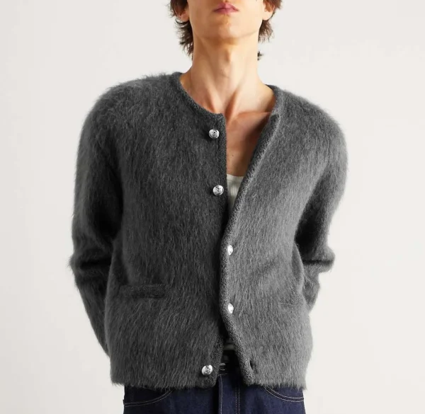Men's Fashionable Striped Pattern Winter Cardigan Jacket Soft Mohair Brushed V-Neck Pockets Knitted Weaving