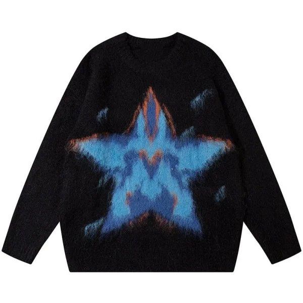 Design Pattern Mohair Blend Pullover Round Neck Long Sleeve Star Mohair Sweater for Men