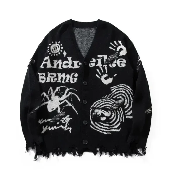 Street Style V-Neck Sweater Torn Loose Knit Cardigan Cotton Jacquard Men's Knit Cardigan