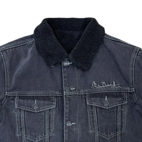 High Quality Black Denim Fleece Men's Jacket Winter Embroidered Motorcycle Jacket Turn-Down Collar Letter Pattern - Image 3