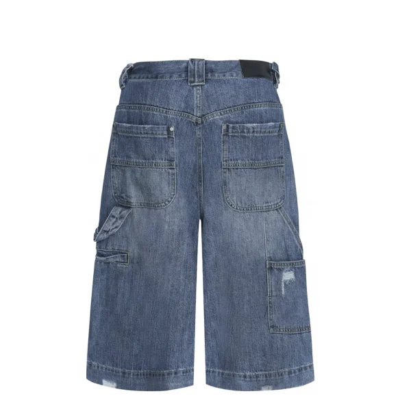 High Quality 100% Cotton Men's Denim Shorts Pockets Acid Washed Hip Hop Style Loose Baggy Cropped Pants - Image 2