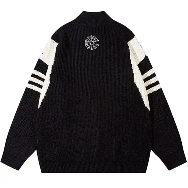 Casual Men's Wool Blend Sweater Long Sleeve Zipper Knit Cardigan Turtleneck Spider Web Embroidery Striped Pattern Design - Image 2