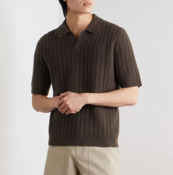 Business Casual Brown Cable Knit Wool Polo Shirt Short Sleeve Knit Top for Men