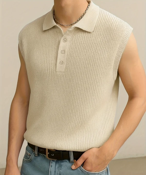 Summer Sleeveless Casual Knitted Jacquard Vest 100% Cotton Solid Color Design POLO Collar Men's Knitted Vests